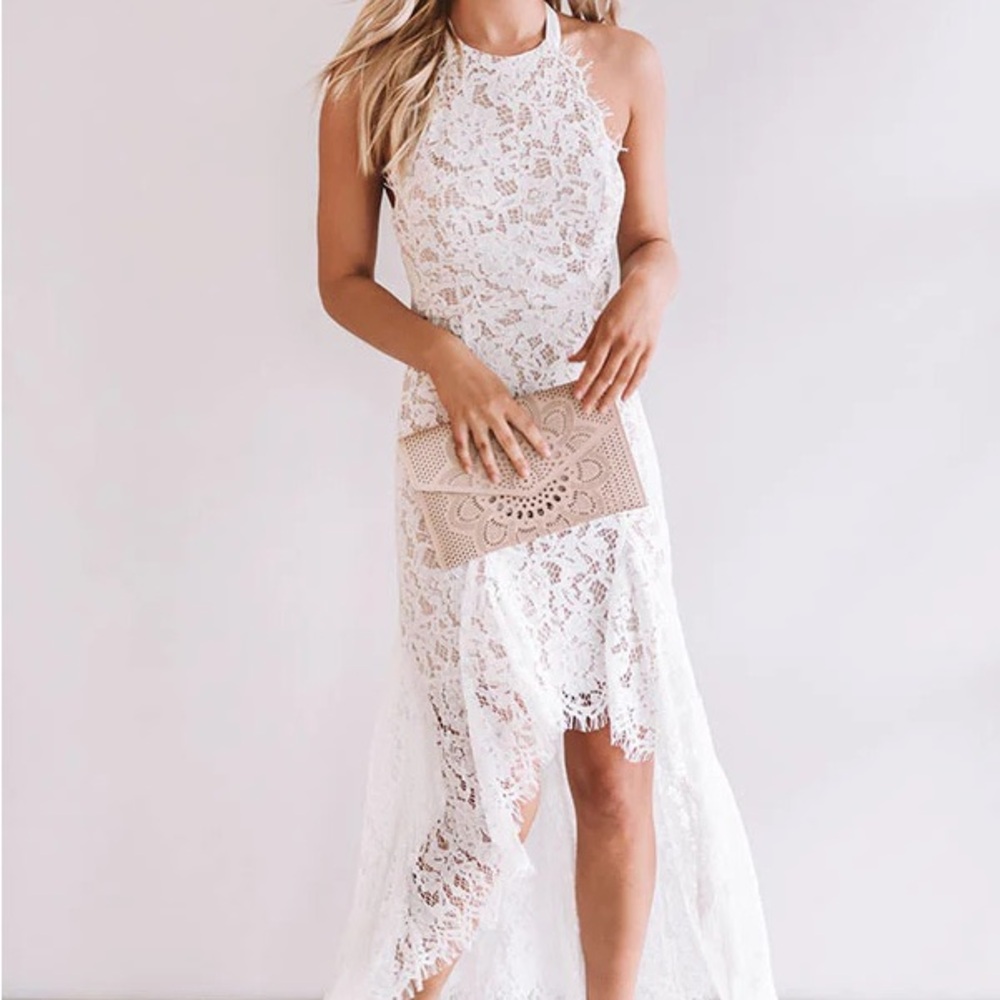 Do+Be High-low halter dress with lace overlay Cream White Bridal  Large
